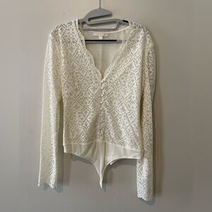 NWOT White Lace Long-Sleeve Button Bodysuit Deep V-Neck